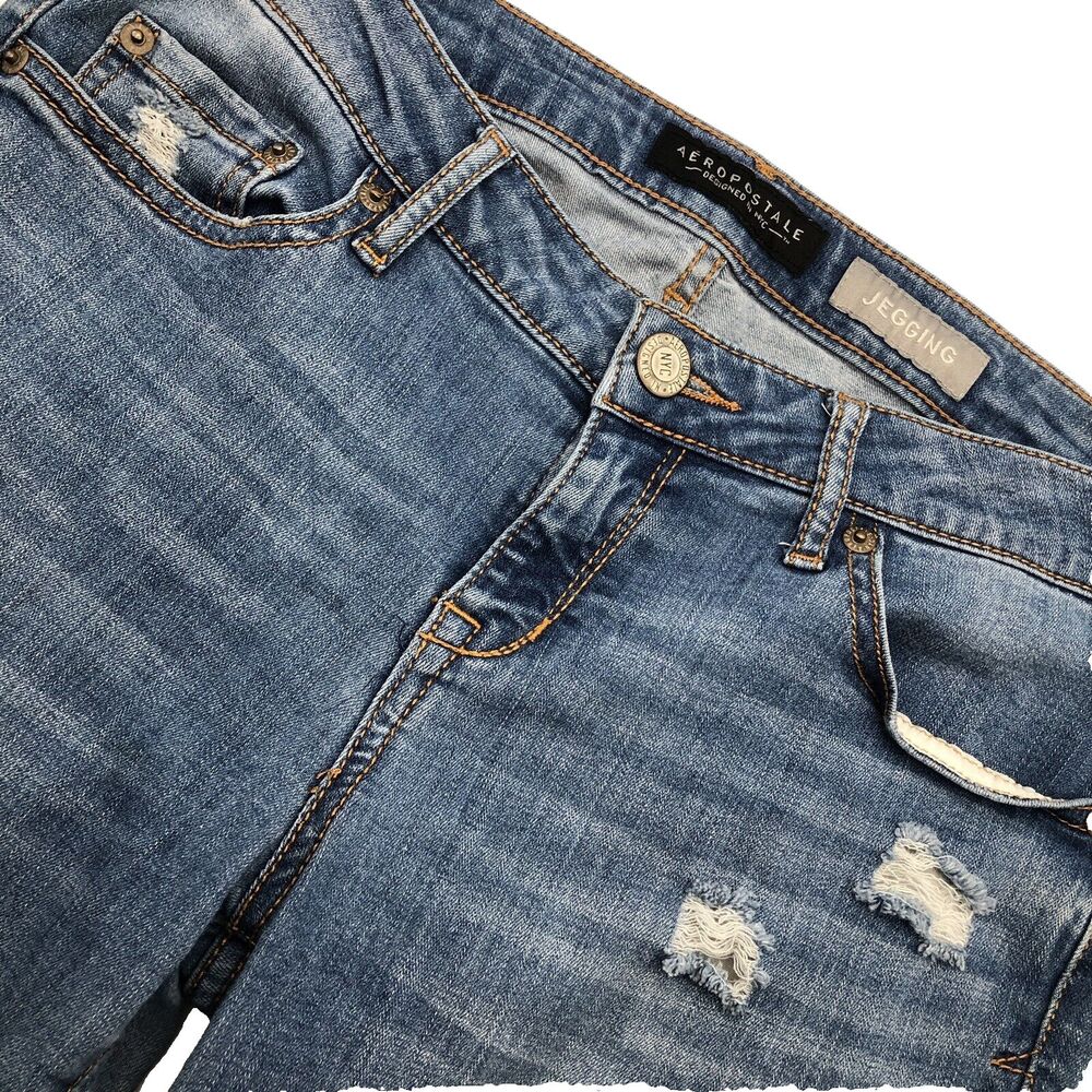 Aeropostale Womens Skinny Jegging Mid Rise Jeans 8 Reg Dark Wash Distressed